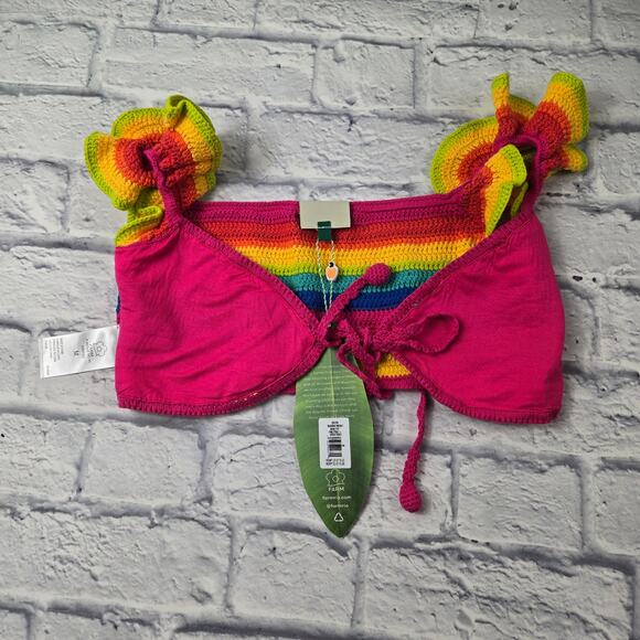 NWT Farm Rio Rainbow Crochet Bikini Top Pink Picnic Green Picnic size Medium - Picture 6 of 16